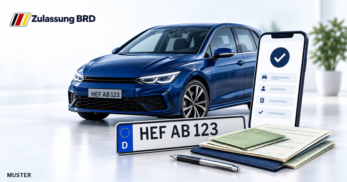 Online Fahrzeugzulassung in Ludwigsau: Musterkennzeichen HEF AB 123, Auto und Fahrzeugpapiere und Smartphone. Illustration mit Logo von Zulassung BRD.